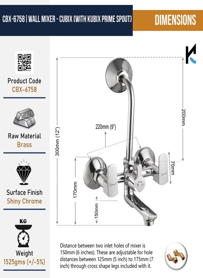Kamal Wall Mixer - Full Brass Cubix Kubix Prime Spout | A++ Quality Hot & Cold Water Shower Mixture Provision for Overhead Shower & 165mm Long Bend Pipe Easy to Use with Wall Flange and Legs - Image 4